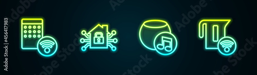 Set line Air humidifier, Smart home, Voice assistant and electric kettle. Glowing neon icon. Vector