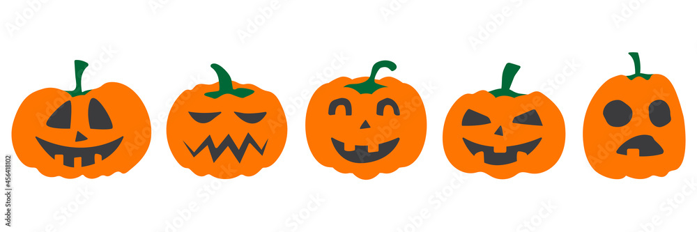 Halloween pumpkin vector 30 icons set, Emotion Variation. Simple flat style design elements. Set of silhouette spooky horror images of pumpkins. Scary Jack-o-lantern facial expressions Illustration