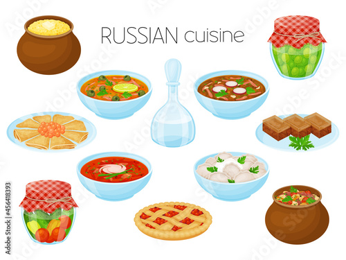 collection of meals. Russian cuisine. Cartoon style, Vector illustration. Isolated on white.