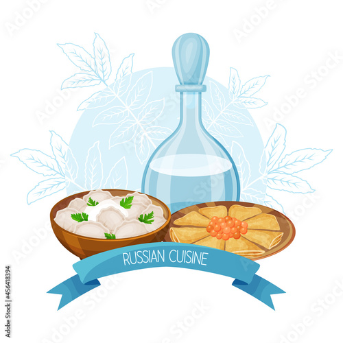 Traditional russian food. Frame with russian meals. Dumplings, pancakes with caviar, vodka. Vector illustration. Cartoon style.