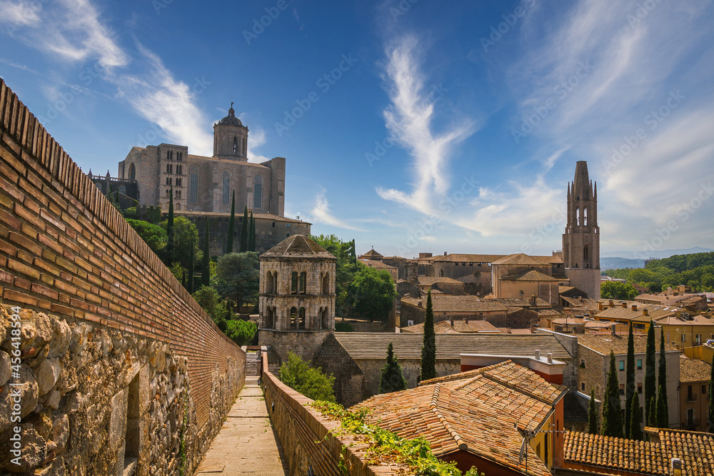 Streets of Girona - Spain, with the Girona Catedral,  Basilica de Saint Feliu, Capella de Sant Nicolau and the city walls of Girona