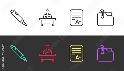 Set line Marker pen, Schoolboy sitting at desk, Exam sheet with A plus grade and Document folder clip on black and white. Vector