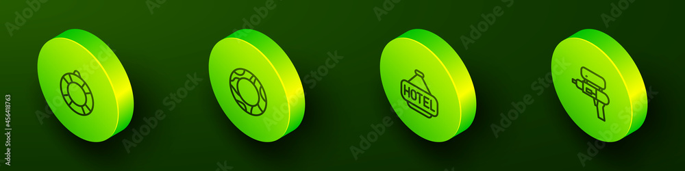 Set Isometric line Lifebuoy, Rubber swimming ring, Signboard with text Hotel and Water gun icon. Vector Set Isometric line Lifebuoy, Rubber swimming ring, Signboard with text Hotel and Water gun icon. Vector