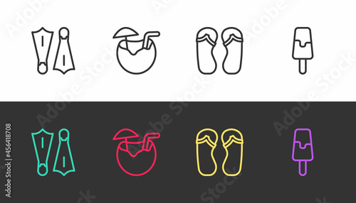 Set line Rubber flippers for swimming, Coconut cocktail, Flip flops and Ice cream on black and white. Vector
