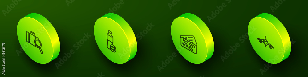 Set Isometric line Lost baggage, No water bottle, Airline ticket and Plane icon. Vector Set Isometric line Lost baggage, No water bottle, Airline ticket and Plane icon. Vector