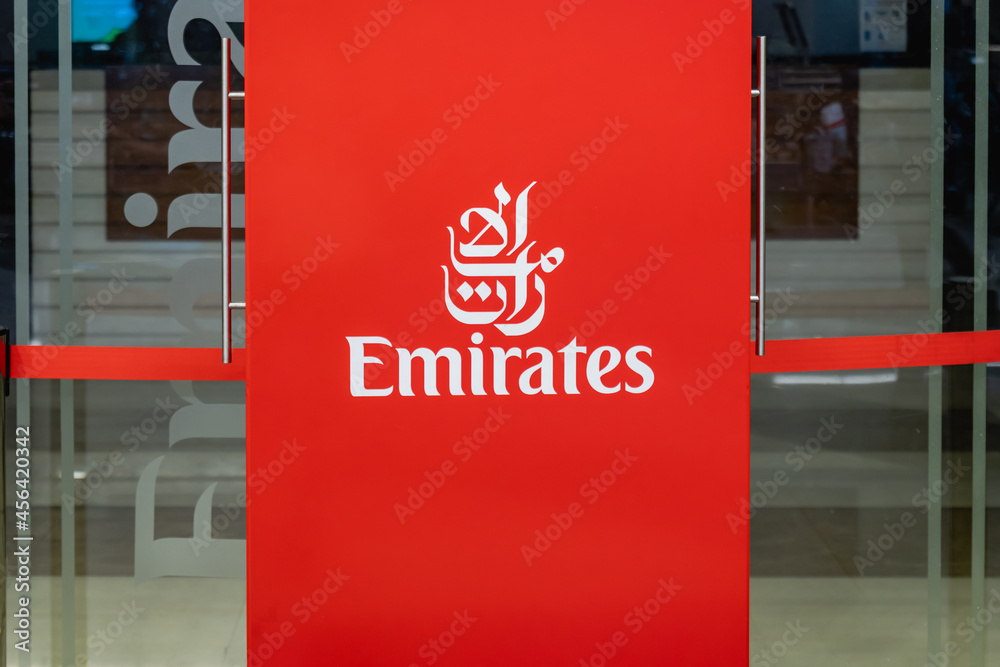 Dubai, UAE September 2021 Emirates Airlines sign and logo in Dubai