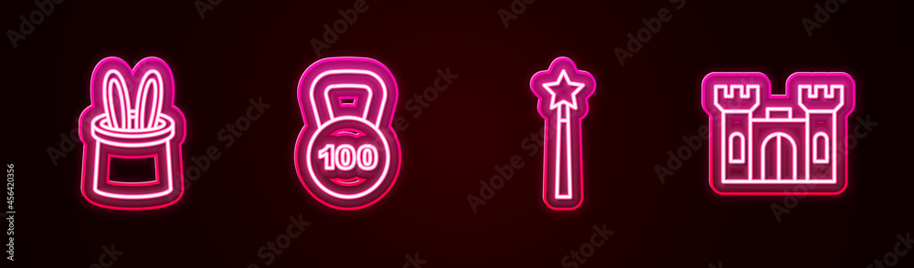 Set line Magician hat and rabbit ears, Weight, wand and Castle. Glowing neon icon. Vector Set line Magician hat and rabbit ears, Weight, wand and Castle. Glowing neon icon. Vector