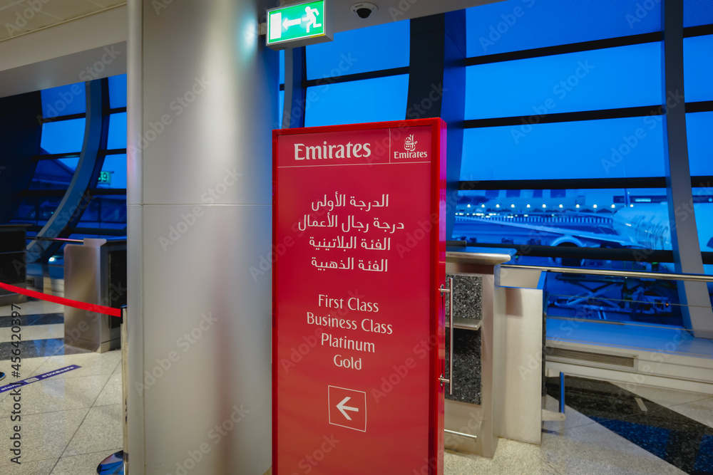 Dubai, UAE September 2021 Emirates Airlines sign and logo in Dubai