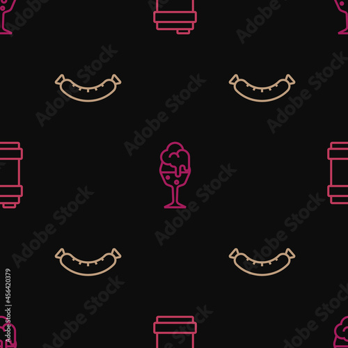 Set line Metal beer keg, Sausage and Glass of on seamless pattern. Vector