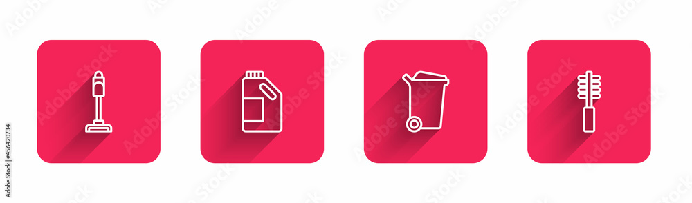 Set line Vacuum cleaner, Bottle for cleaning agent, Trash can and Toilet brush with long shadow. Red square button. Vector Set line Vacuum cleaner, Bottle for cleaning agent, Trash can and Toilet brush with long shadow. Red square button. Vector