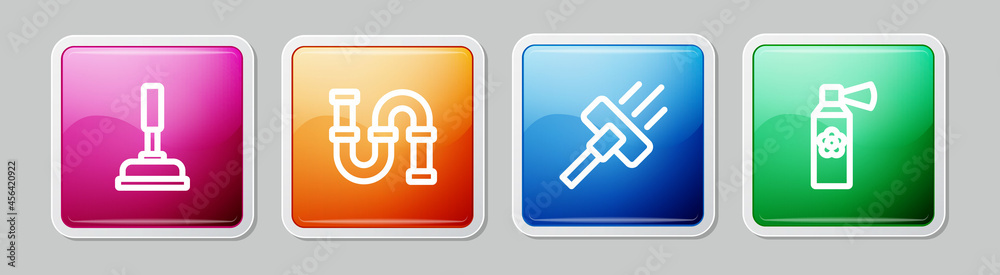 Set line Rubber plunger, Industry metallic pipe, Vacuum cleaner and Air freshener spray bottle. Colorful square button. Vector Set line Rubber plunger, Industry metallic pipe, Vacuum cleaner and Air freshener spray bottle. Colorful square button. Vector