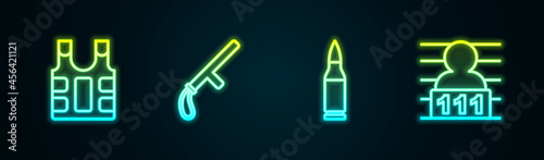 Set line Bulletproof vest, Police rubber baton, and Suspect criminal. Glowing neon icon. Vector
