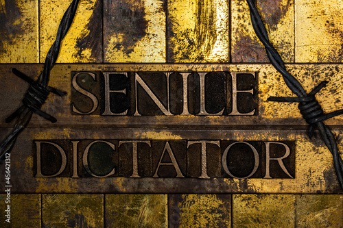 Senile Dictator text message on textured grungy copper and gold backgroundn with barbed wire photo
