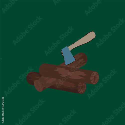 Firewood with an axe for camping. Cartoon tree for relaxing in the forest. Camping with a campfire and firewood for convenience and life in nature. Vector illustration photo