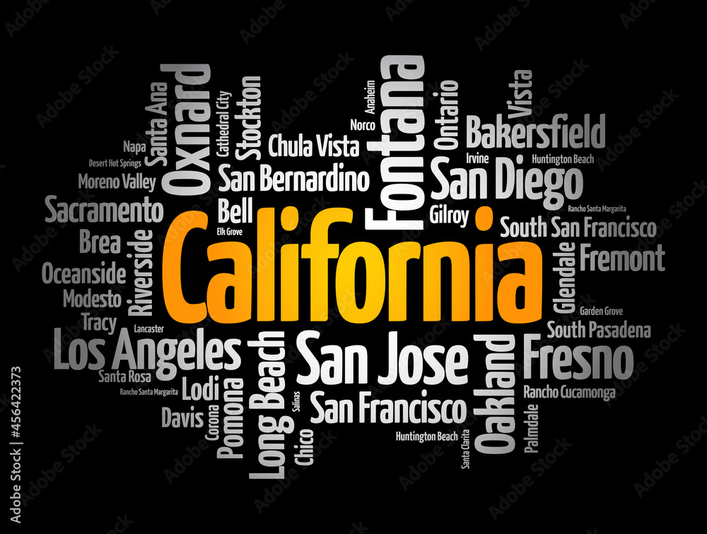 List of cities in California USA state, word cloud concept background List of cities in California USA state, word cloud concept background