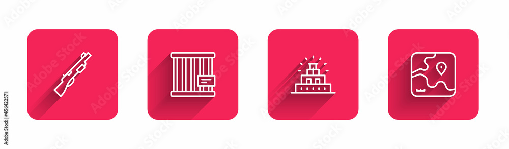 Set line Hunting gun, Animal cage, Chichen Itza Mayan and Africa safari map with long shadow. Red square button. Vector Set line Hunting gun, Animal cage, Chichen Itza Mayan and Africa safari map with long shadow. Red square button. Vector