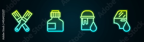 Set line Paint brush, Paint, gouache, jar, dye, bucket and Car painting. Glowing neon icon. Vector