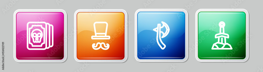 Obraz premium Set line Tarot cards, Magician, Wooden axe and Sword in the stone. Colorful square button. Vector