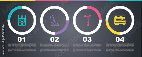 Set line Fire alarm system, boots, Firefighter axe and truck. Business infographic template. Vector