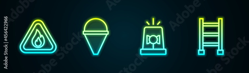 Set line Fire flame in triangle, cone bucket, Flasher siren and escape. Glowing neon icon. Vector