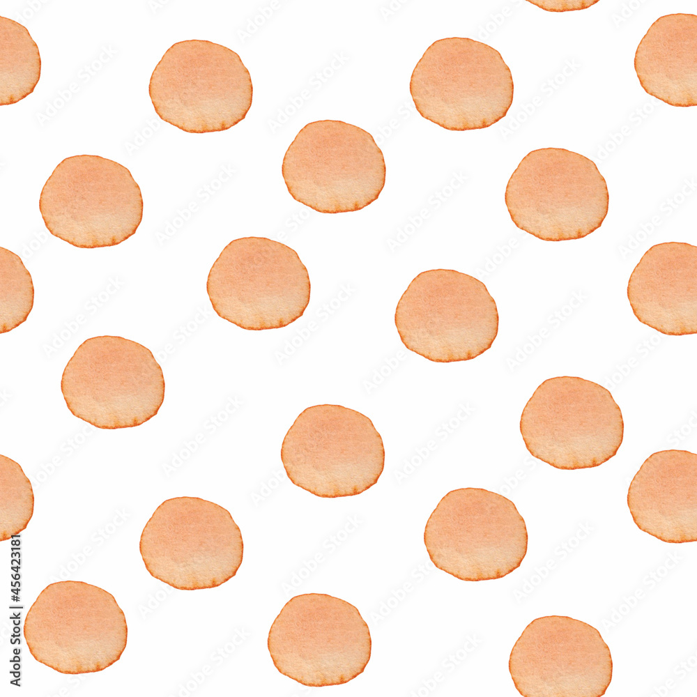 Hand Painted Brush Polka Dot Seamless Watercolor Pattern. Abstract watercolour Round Circles in Orange Color. Artistic Design for Fabric and Background
