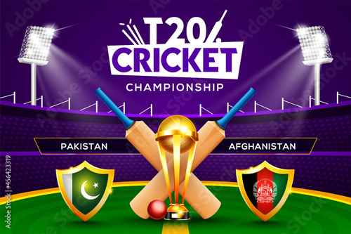 T20 Cricket Championship concept Pakistan vs Afghanistan match header or banner with cricket ball, bat and winning trophy on stadium background.