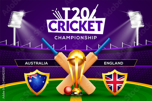 T20 Cricket Championship concept Australia vs England match header or banner with cricket ball, bat and winning trophy on stadium background.