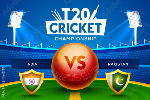 T20 Cricket Championship concept India vs Pakistan match header or banner with cricket ball on stadium background. photo