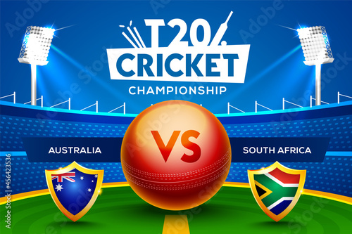 T20 Cricket Championship concept Australia vs South Africa match header or banner with cricket ball on stadium background.