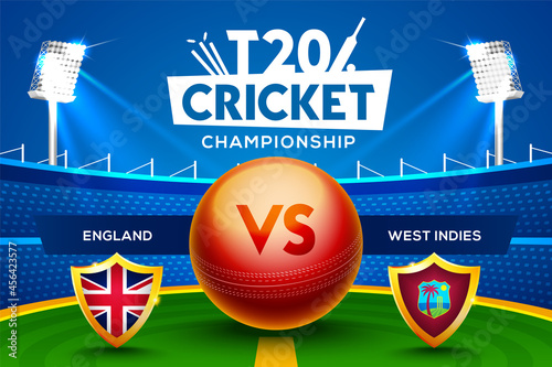 T20 Cricket Championship concept England vs West Indies match header or banner with cricket ball on stadium background.