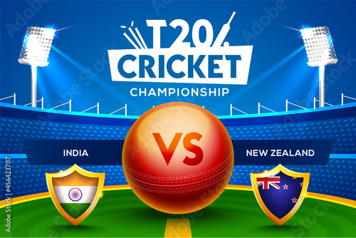 T20 Cricket Championship concept India vs New Zealand match header or banner with cricket ball on stadium background.