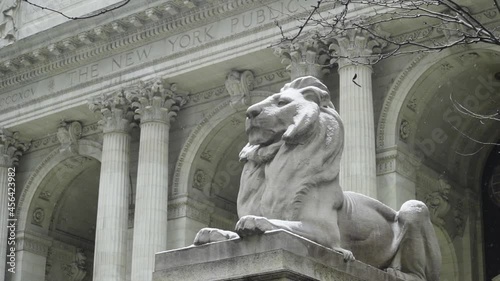 NEW YORK CITY, UNITED STATES - Feb 18, 2017: A low angle of The landmark lion statue at the entrance of the New York Public Library building in Midtown Manhattan, covered in winter snow photo