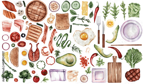 A set of useful products in a watercolor style. Fish meat, vegetables, bread, bacon, tomatoes, peppers. A set of healthy food for stickers, menus, prints, etc.