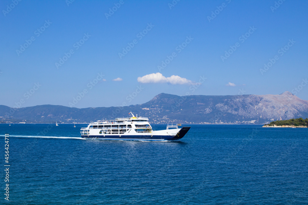 Panoramic view to the sea and yacht on the sunny day. Corfu. Greece.