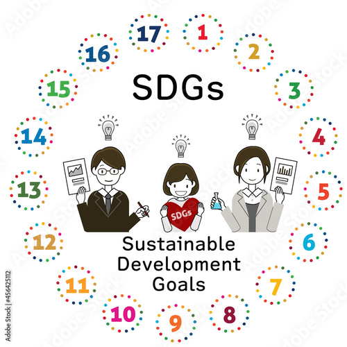SDGｓに対する取り組みやアイデアと、行政や市民、企業の連携をイメージしたイラスト