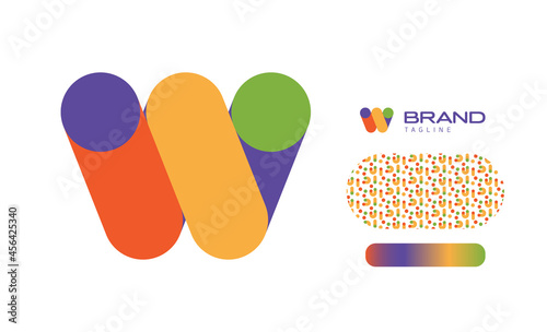 Bold Rounded Multicolored Font Logo Using Letter W for Nursery, Preschool, Playful fun Lettering, Business Brand with pattern and gradient using colours red, yellow, blue, green