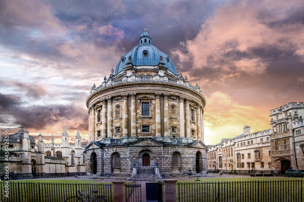 Beautiful sunset in Oxford, UK. Redcliffe camera and Oxford University buildings view