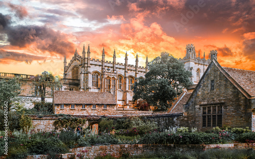 Beautiful sunset in Oxford, UK. Oxford university buildings, old college photo