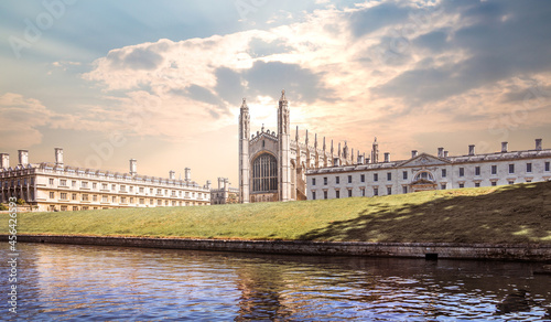 Cambridge, beautiful sunset. King's college chapel and river Cam at sunset. Cambridge University buildings  photo