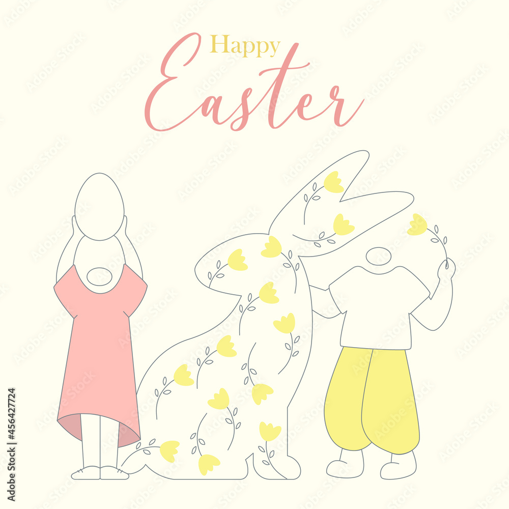 Happy Easter greeting card. Easter hunt minimalistic illustration characters. Vector illustration for trendy design, modern poster, template Happy Easter greeting card. Easter hunt minimalistic illustration characters. Vector illustration for trendy design, modern poster, template