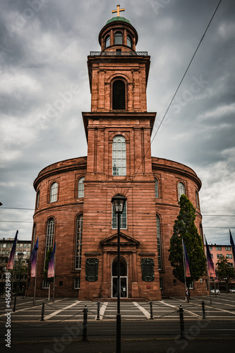 Morning view on the Pauls church with tram at the old town of Frankfurt city