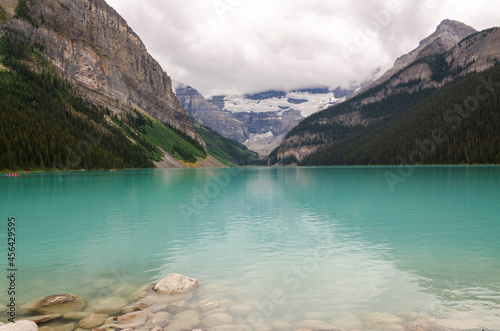 Lake Louise in cloudy day in summer in Banff National Park, Alberta, Canada