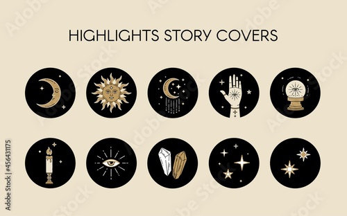 Vector set of icons and emblems for social media celestial stories highlight covers - design templates. Abstract design golden elements on black circle background  