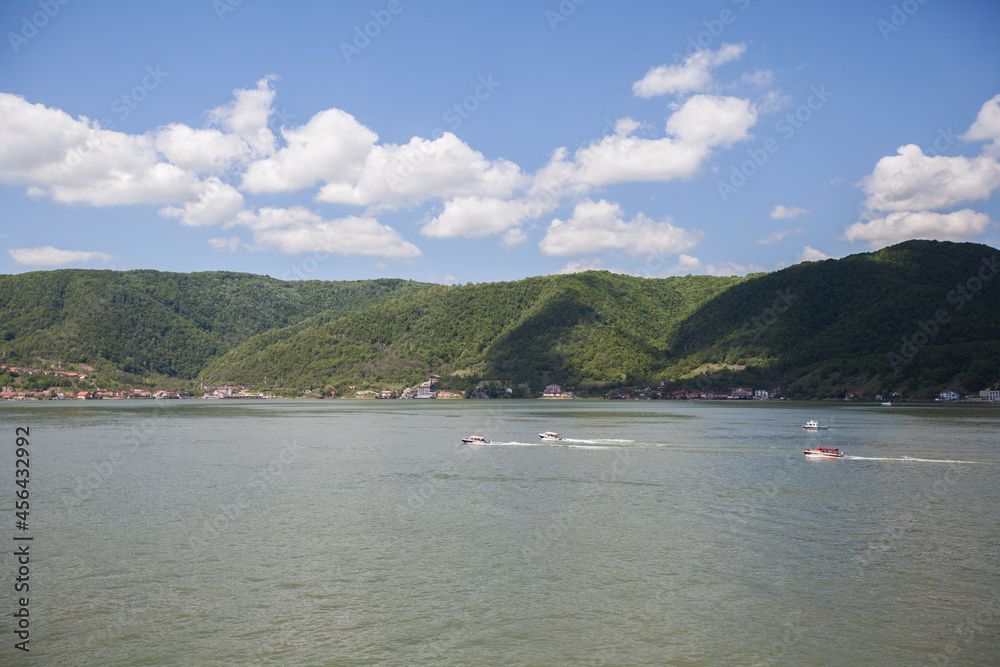 Danube River cruise ship , beautiful nature landscape, destination Serbia.