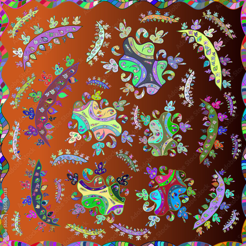 Fototapeta premium Seamless pattern with interesting doodles on colorfil background. Raster illustration.