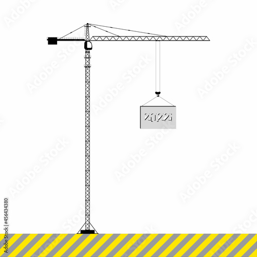 Happy New Year and Merry Christmas concept. Tower crane lifts a block labeled 2022. Vector illustration.