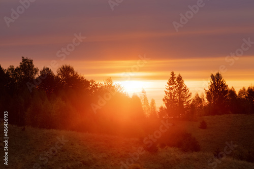 Beautiful sunrise. Sun rays enlighten the meadow with trees. Spring morning. Landscape with high mountains. Panoramic view. Natural scenery. Wallpaper background. Touristic place Carpathian park.