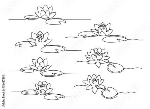 Line art water lily. Set of minimal lotus with leaves. 
