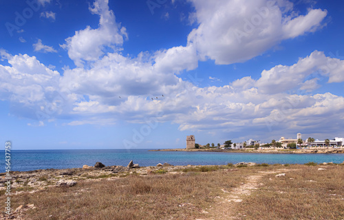 View of Torre Colimena town in Apulia region  Italy  the watchtower of the town is dominated by the flight of pink flamingos from the nearby Nature Reserve of Saline dei Monaci.  