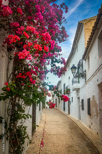 Flowers hanging from the window in a picturesque narrow street with white houses in village of Altea. Altea is a mediterranean town in the Valencian community, Alicante, Spain